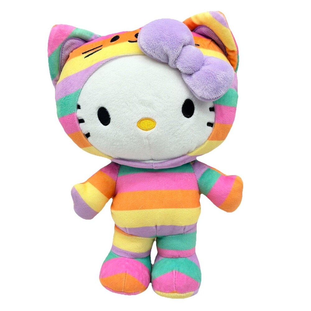 Hello Kitty Pastel Striped Sanrio GUND Plush Toy In Pusheen Cat Rainbow Costume - Picture 1 of 11